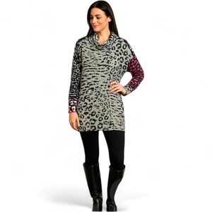 Nic + Zoe Animal Print Textured Mock Neck Cotton Tunic Top Long Sleeve ‎ sz LG